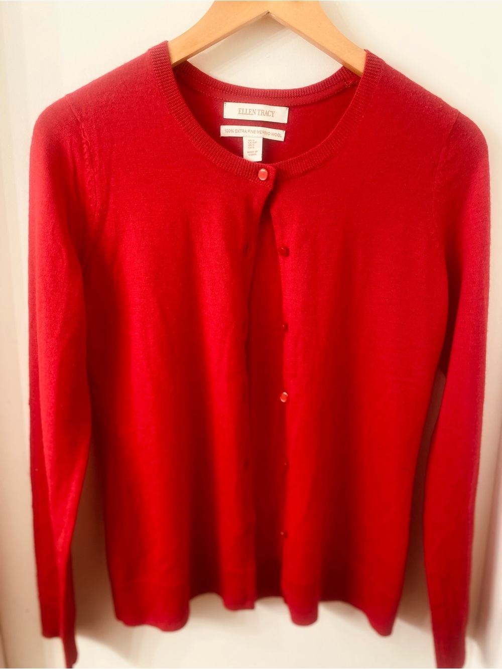 Ellen Tracy Bright Red Crewneck Button-Front Cardigan